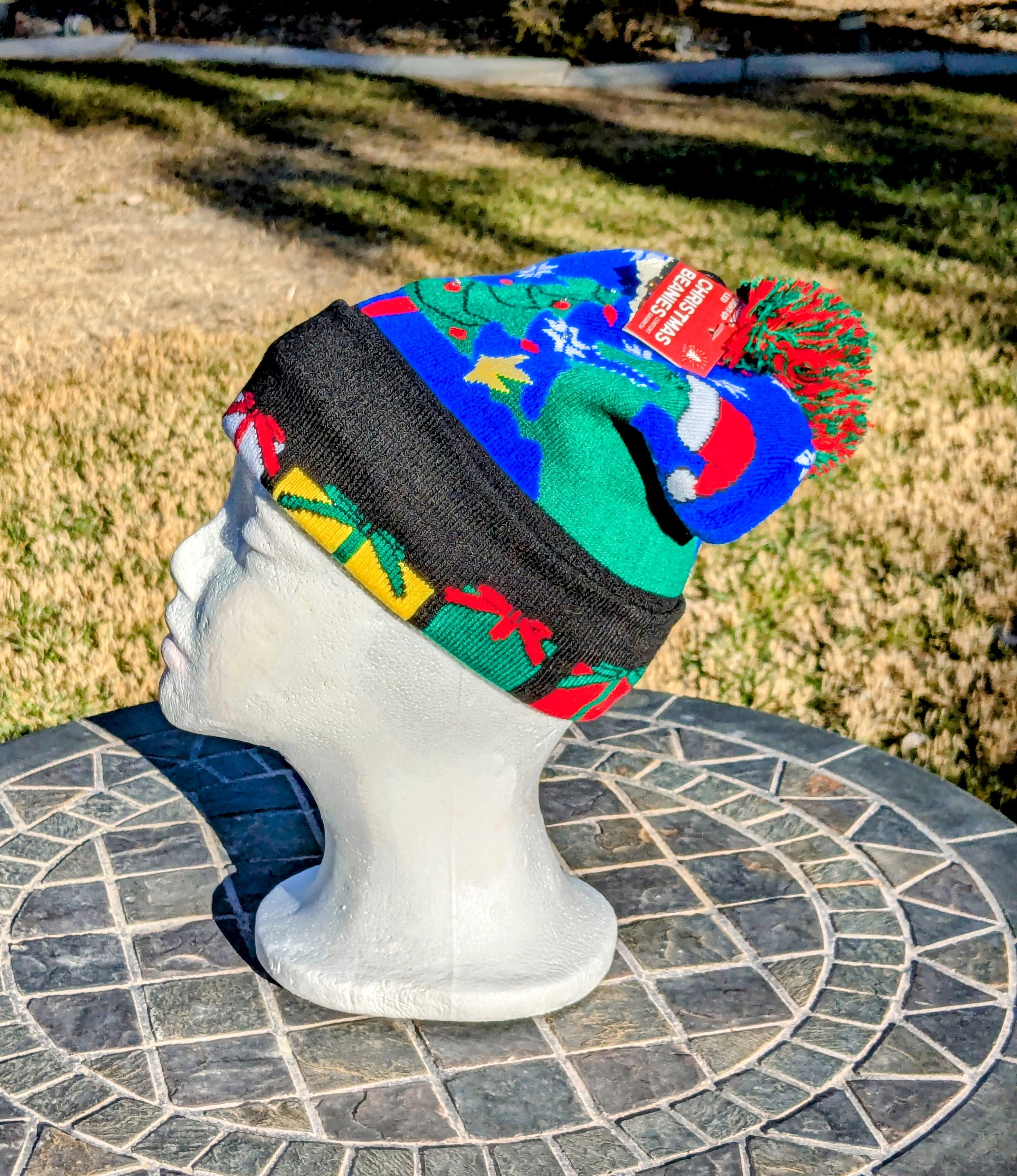 Designer Flashing Light-Up LED Ugly-Christmas-Sweater Dinosaur Beanie Size ONE SIZE - 5 Thumbnail