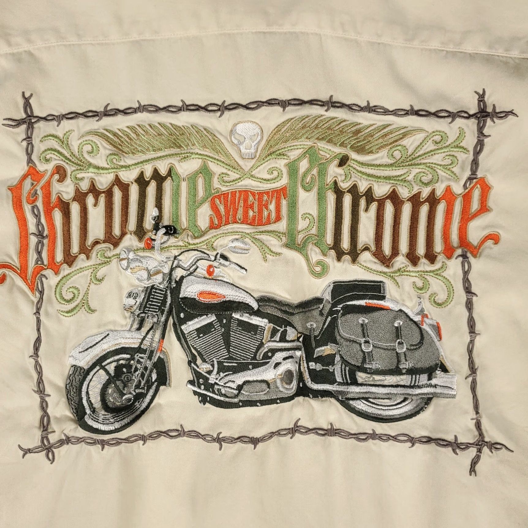 Harley Davidson Harley Davidson Shirt Mens Large Ivory Embroidered Camp Collar Button Up STAINED Size US L / EU 52-54 / 3 - 7 Thumbnail