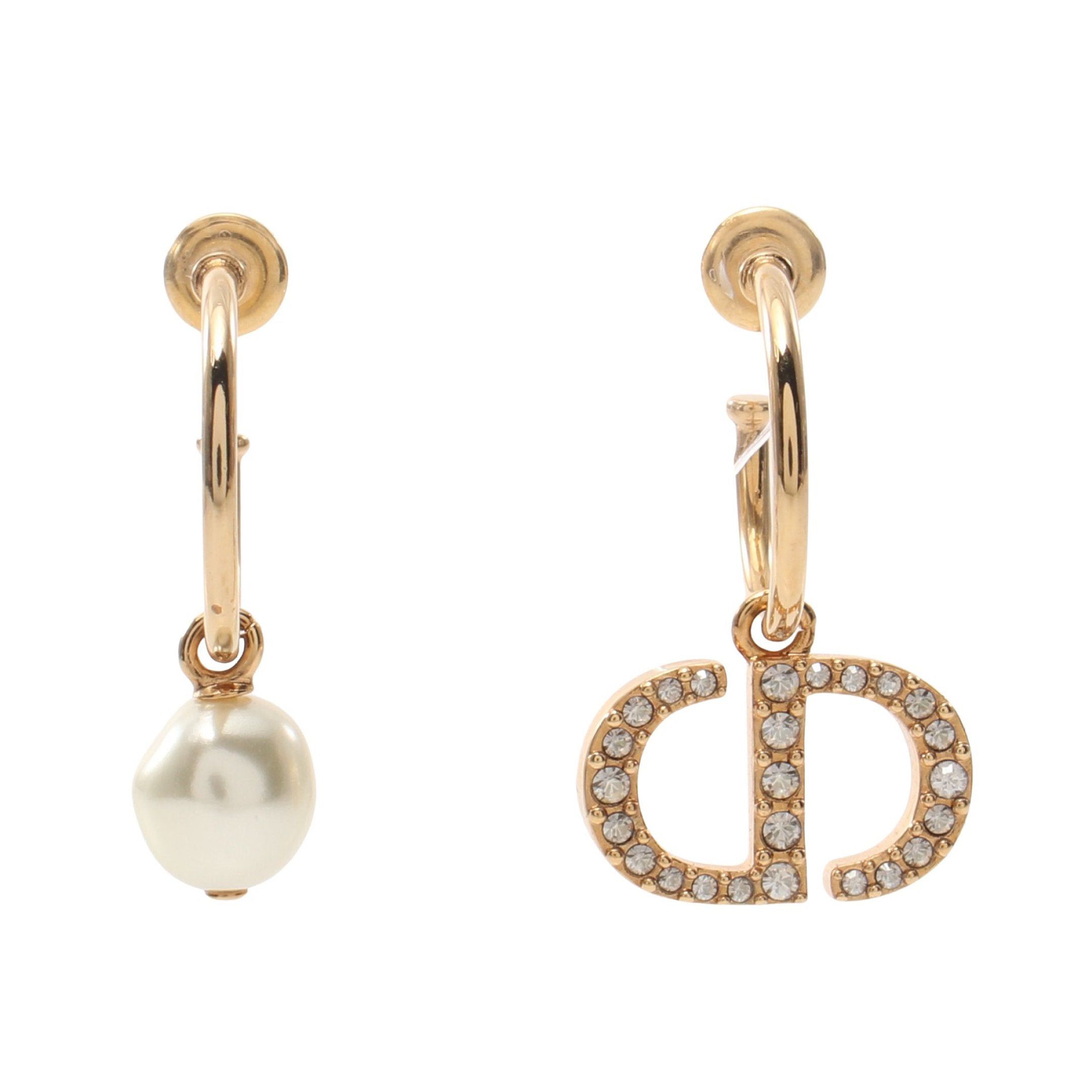 Dior Dior Cd Logo Hoop Earrings Gp Rhinestone Fake Pearl Gold Clear White Size ONE SIZE - 1 Thumbnail