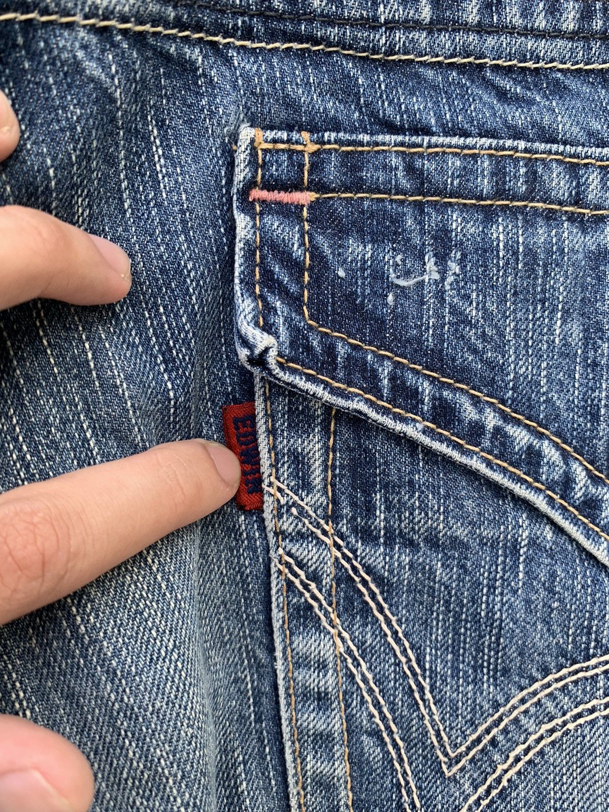 Japanese Brand FLARE💥EDWIN 503 FADED & RUSTY DISTRESSED DENIM Size US 35 - 19 Thumbnail