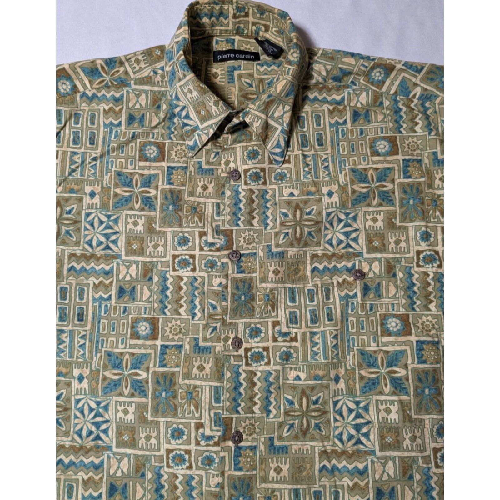 Pierre Cardin VINTAGE Pierre Cardin Men Medium Green Brown Abstract Geo Camp Shirt Size US M / EU 48-50 / 2 - 4 Thumbnail