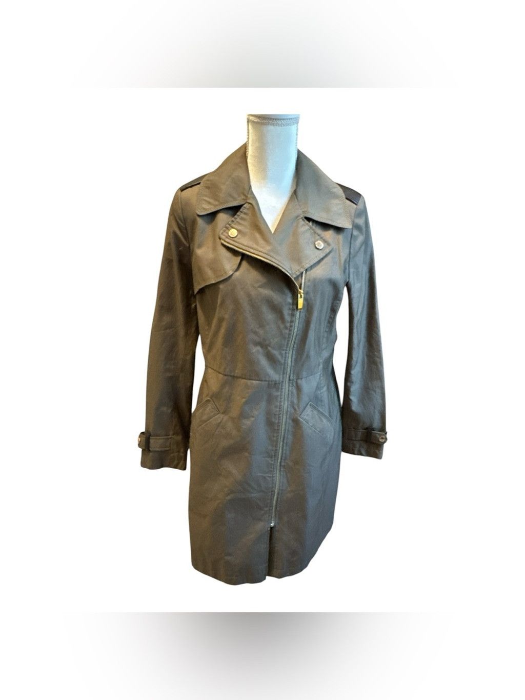 Unknown London Via Spiga Asymmetrical Zip Trench Coat in Olive Green- Mediu Size M / US 6-8 / IT 42-44 - 2 Thumbnail