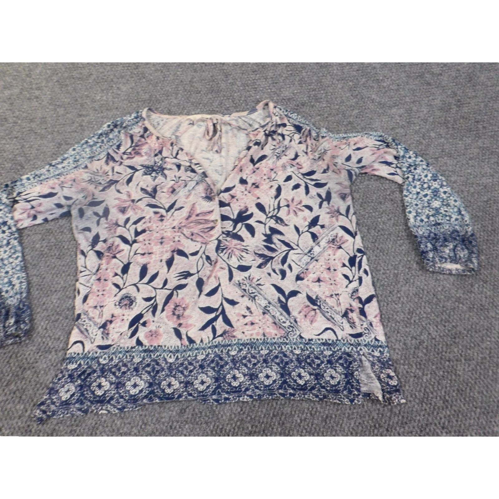 Lucky Brand Lucky Brand Blouse Shirt Womens M Blue Floral Pullover Round Neck Cotton Modal Casual Stretch Size M / US 6-8 / IT 42-44 - 3 Thumbnail