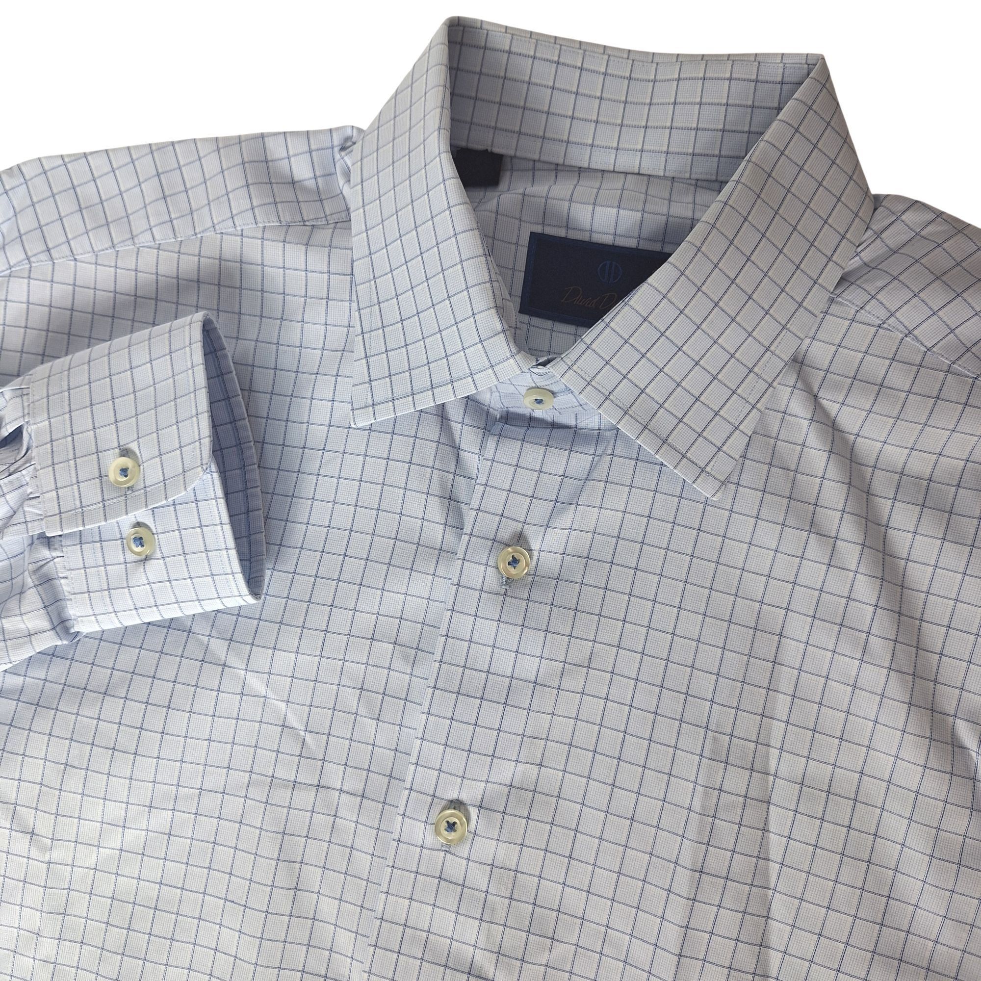David Donahue Dress Shirt Blue White Micro Check Luxury Prep