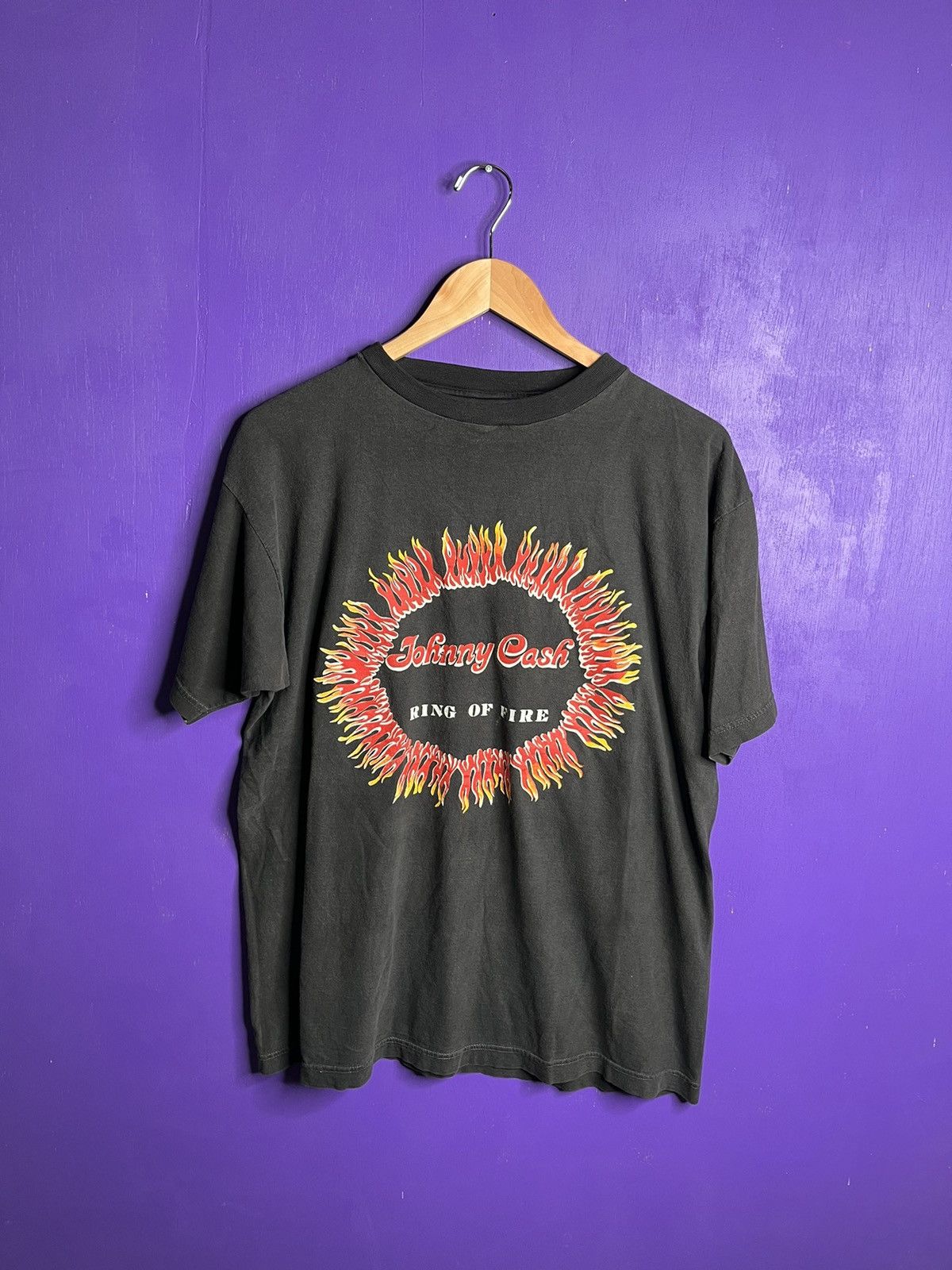 image of Tour Tee x Vintage 90's Johnny Cash Ring Of Fire Faded T-Shirt in Black, Men's (Size Large)