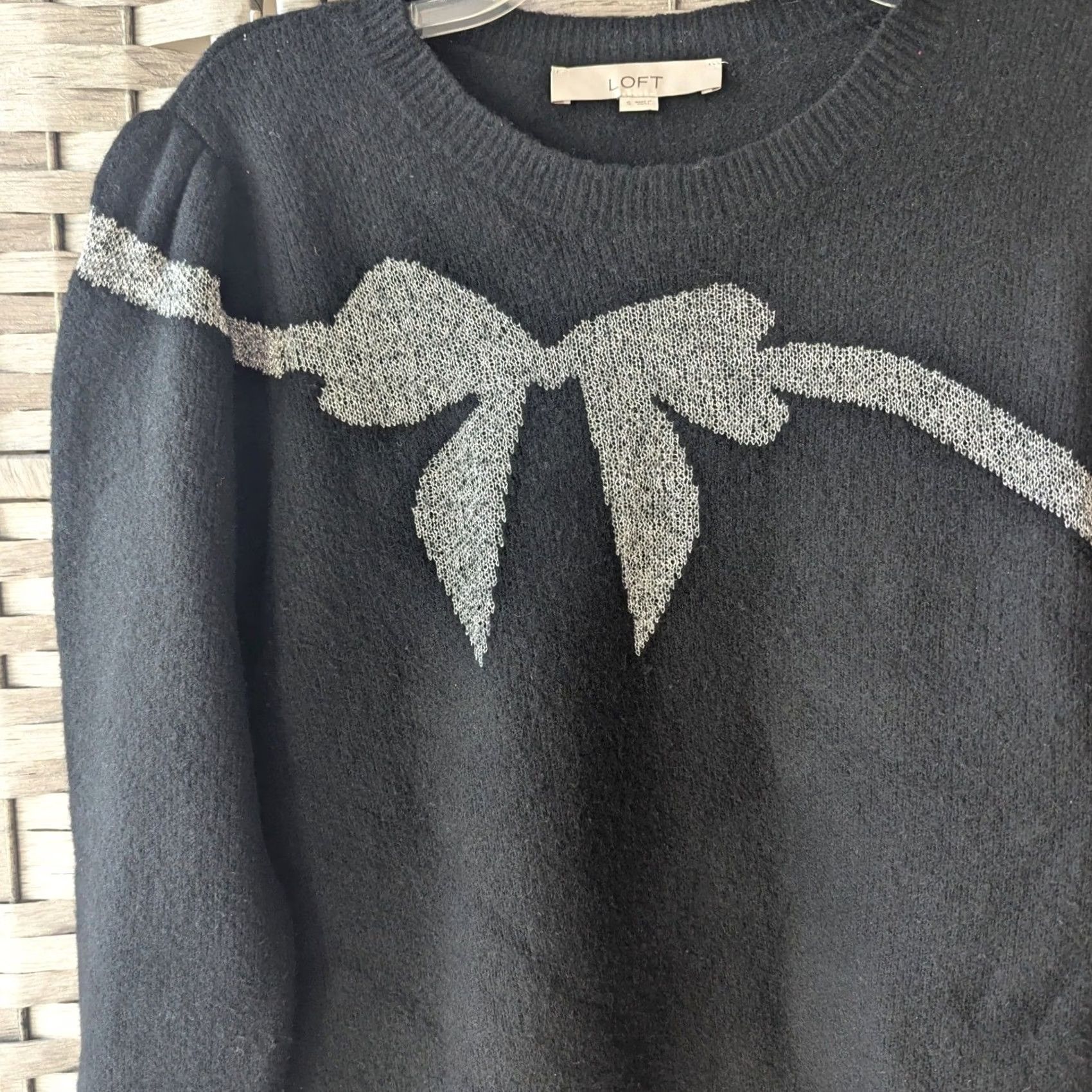 Loft LOFT Womens Black Metallic Silver Bow Puff Sleeve Knit Sweater S Holiday Size S / US 4 / IT 40 - 2 Thumbnail