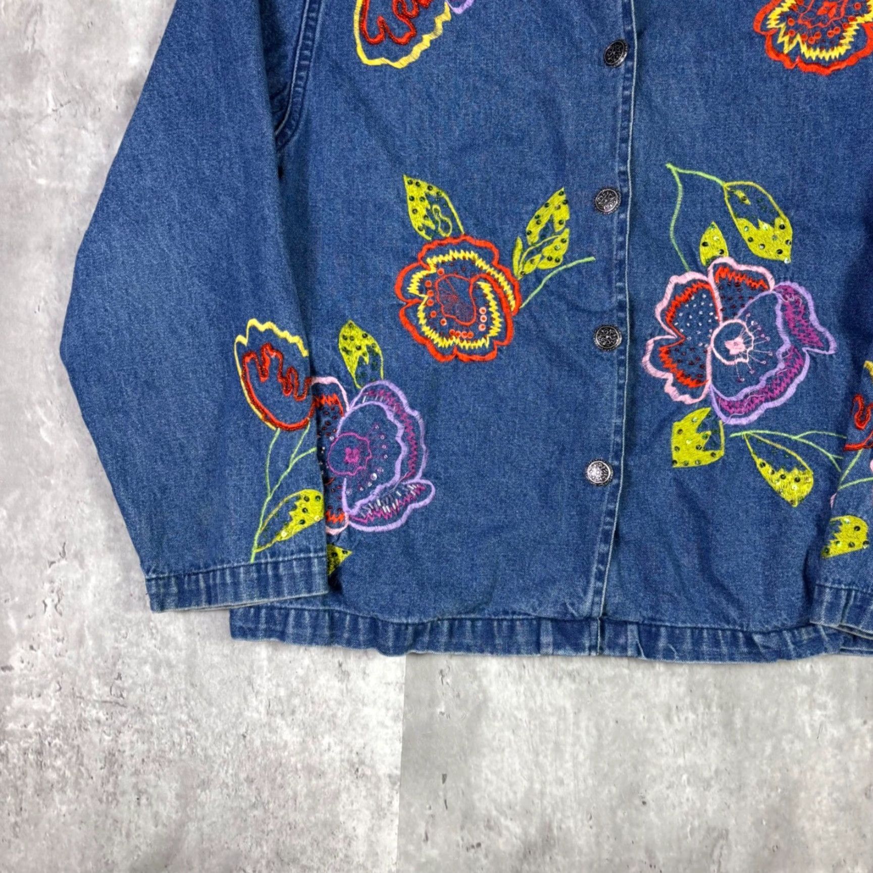 Denime VINTAGE Tantrums Denim Jacket Womens M Blue Floral Embroidered Button Front Cotton Size M / US 6-8 / IT 42-44 - 5 Thumbnail