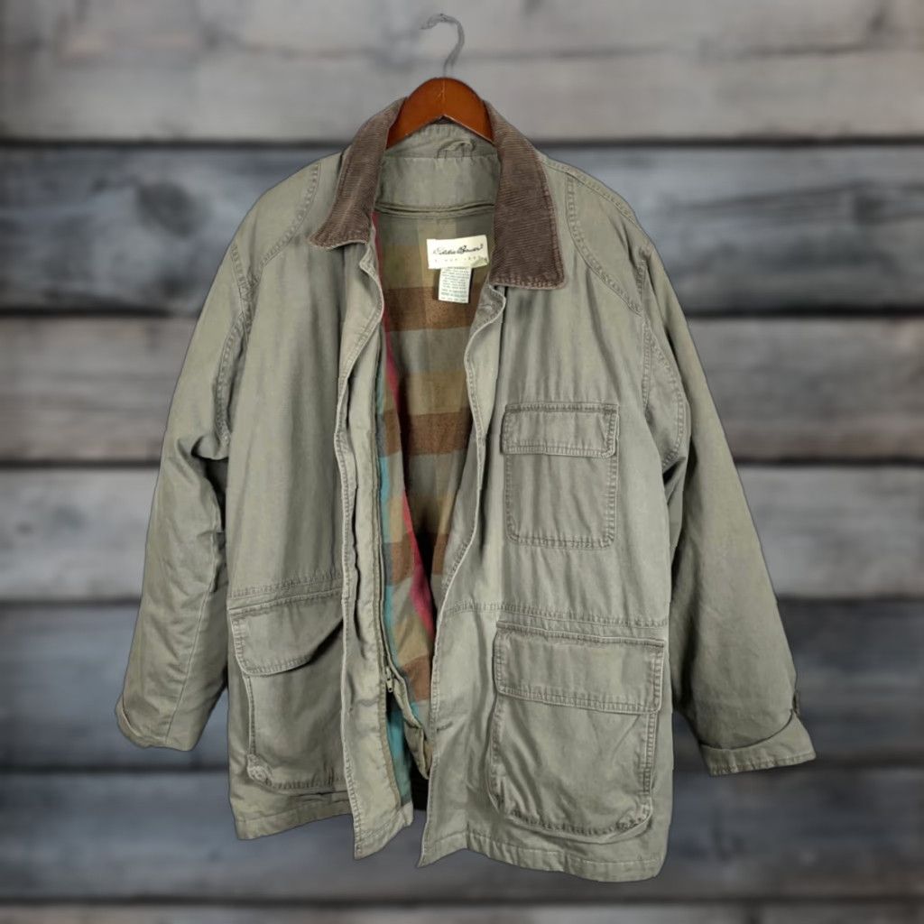 Eddie Bauer Canvas Barn Jacket Medium Green Zip Out Goose Down Liner Casual  Workwear Mens