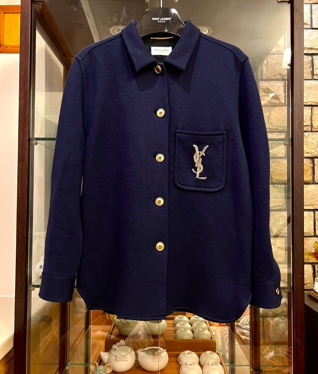 Saint Laurent Paris saint laurent Navy Blue Gold Line Logo Shirt Size US S / EU 44-46 / 1 - 1 Thumbnail