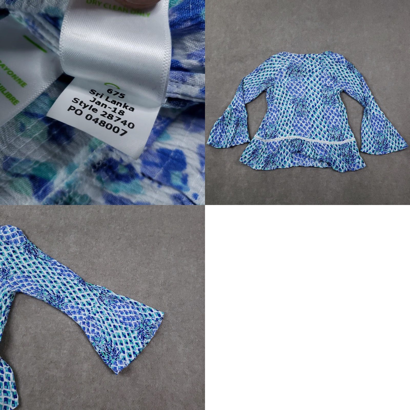 Lilly Pulitzer Lilly Pulitzer Amisa Top Womens XS Blue Green Boho Peplum Bell Sleeve Tunic Blouse Geometric Crochet Tasseled Ruffle V-Neck Long Sleeve Size XS / US 0-2 / IT 36-38 - 8 Thumbnail