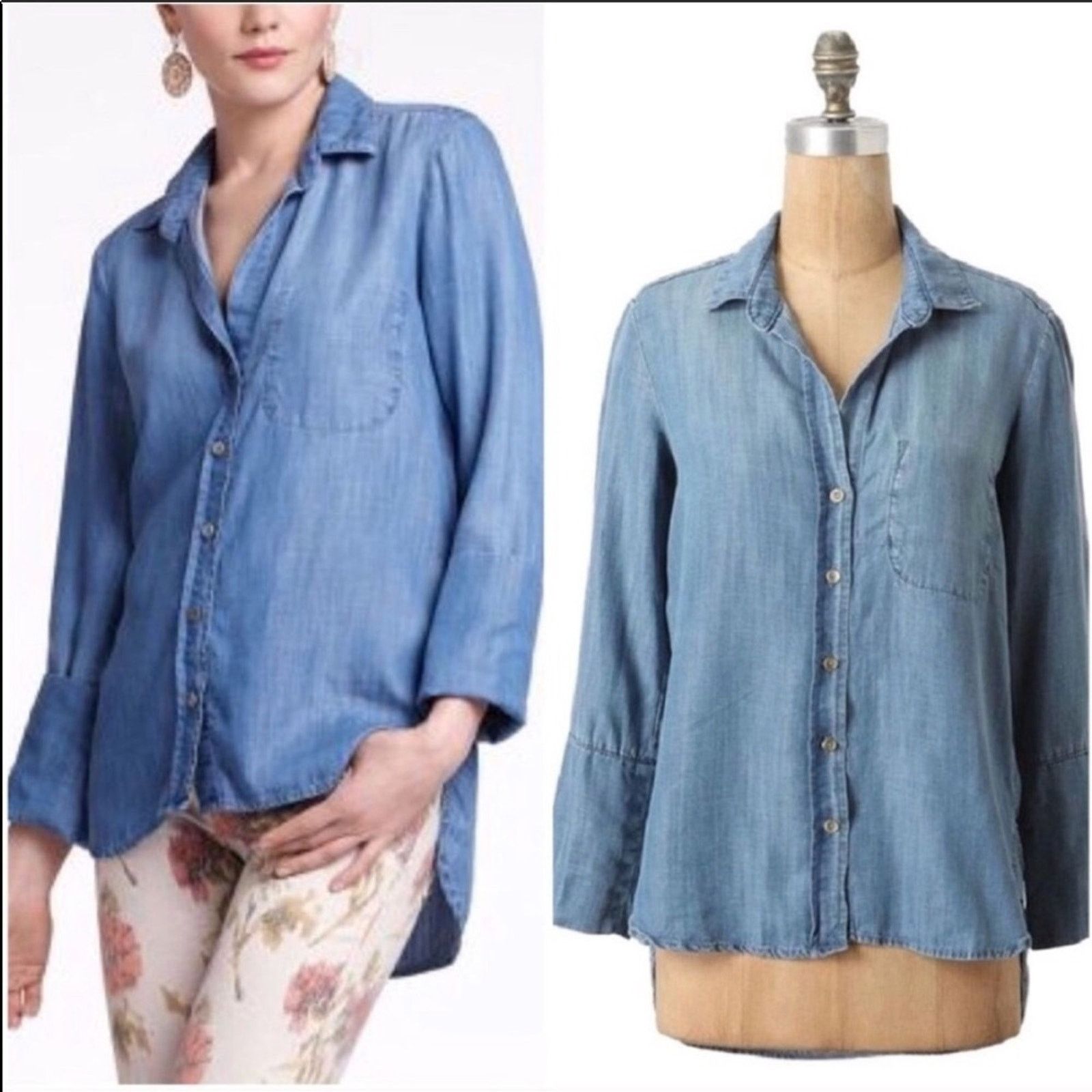Anthropologie ANTHROPOLOGIE Blue Denim Chambray Washed Button Shirt Top Size S / US 4 / IT 40 - 1 Thumbnail