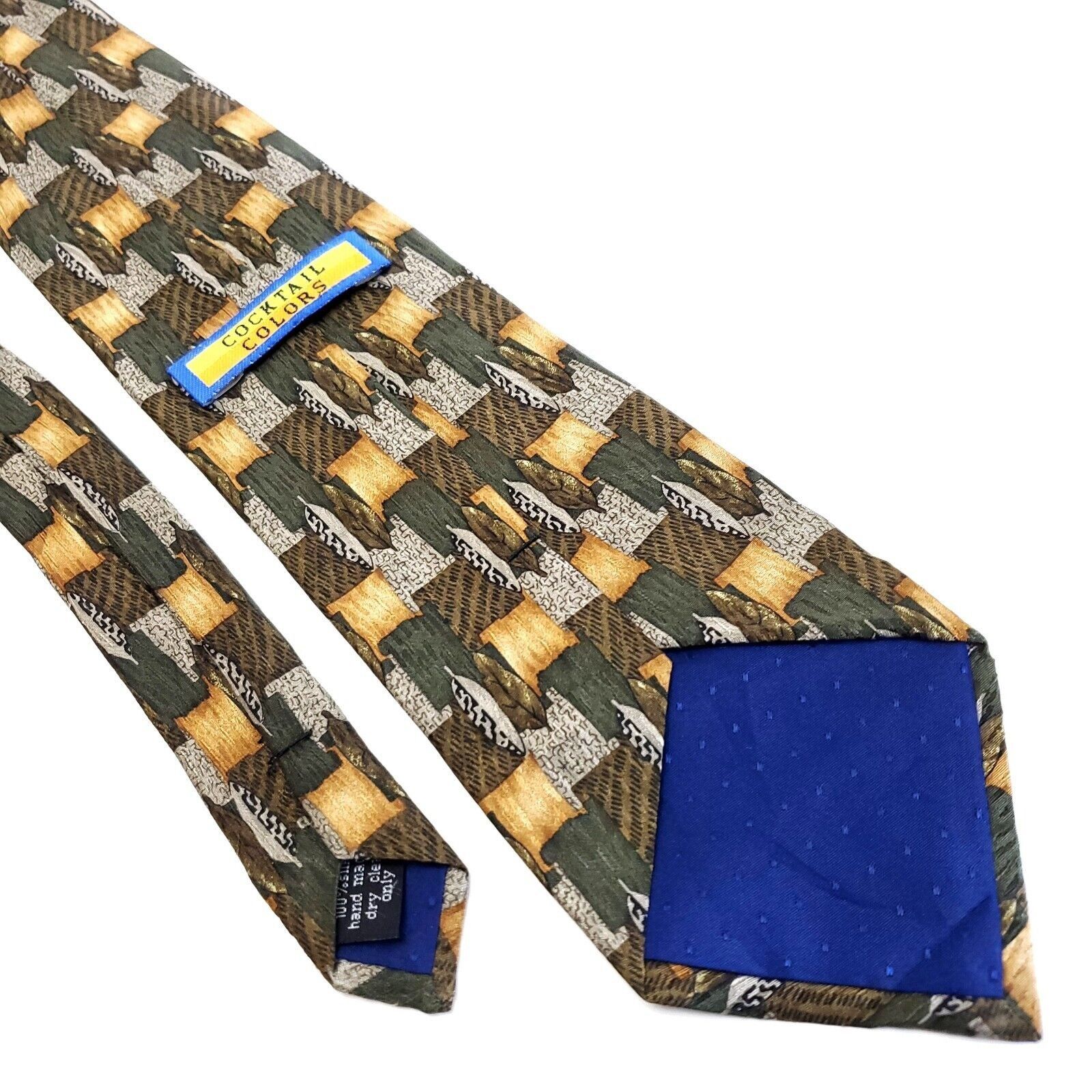 Vintage Cocktail Collections Green Tan Abstract Print Wide Silk Tie Size ONE SIZE - 5 Thumbnail