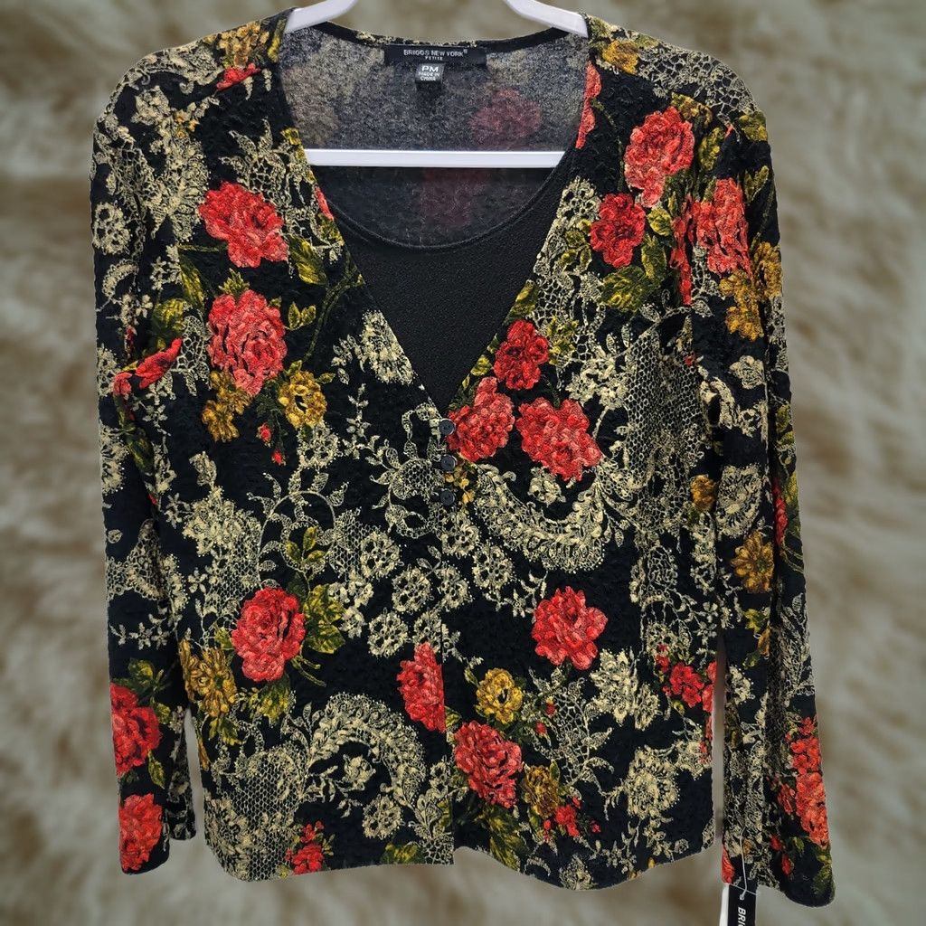 Vintage VINTAGE Briggs New York Black Red Beige Floral Textured Layered Top Blouse Shirt PM NWT Size M / US 6-8 / IT 42-44 - 1 Thumbnail