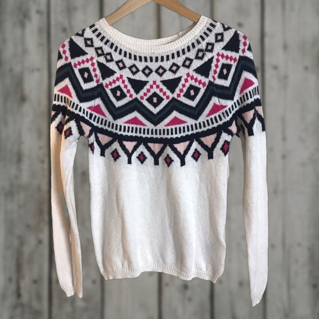 H&M H&M LOGG Sweater Womens XS Fair Isle Knit Pullover LightWeight Alpaca Ivory Pink Blue Casual Wool Blend Knit Size XS / US 0-2 / IT 36-38 - 1 Thumbnail