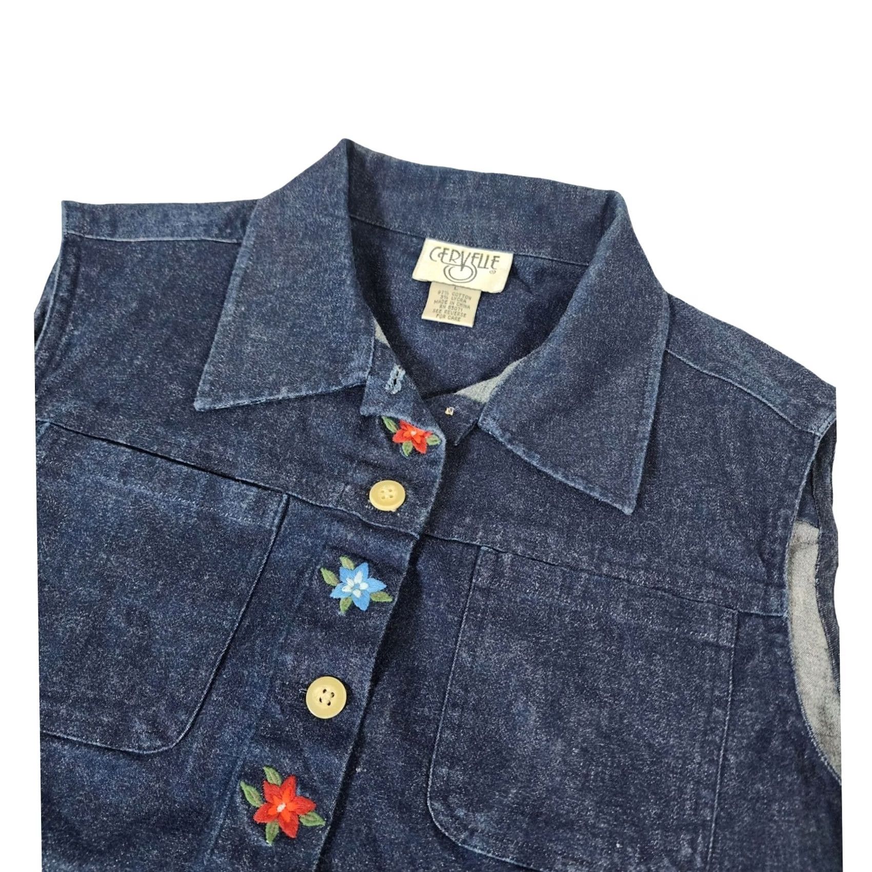 Denime VINTAGE Cervelle Denim Vest Womens Floral Embroidered Button Medium L Blue 90s Size L / US 10 / IT 46 - 6 Thumbnail
