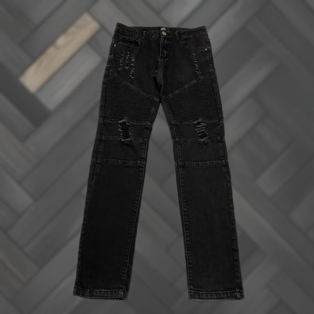 Denime ZLZ Denim Jeans Men's Slim 30×31 Black Distressed Ripped 5-Pocket Denim Jeans Men's Size 30 Regular Black ZLZ Denim Biker Style Jeans Size US 30 / EU 46 - 1 Thumbnail