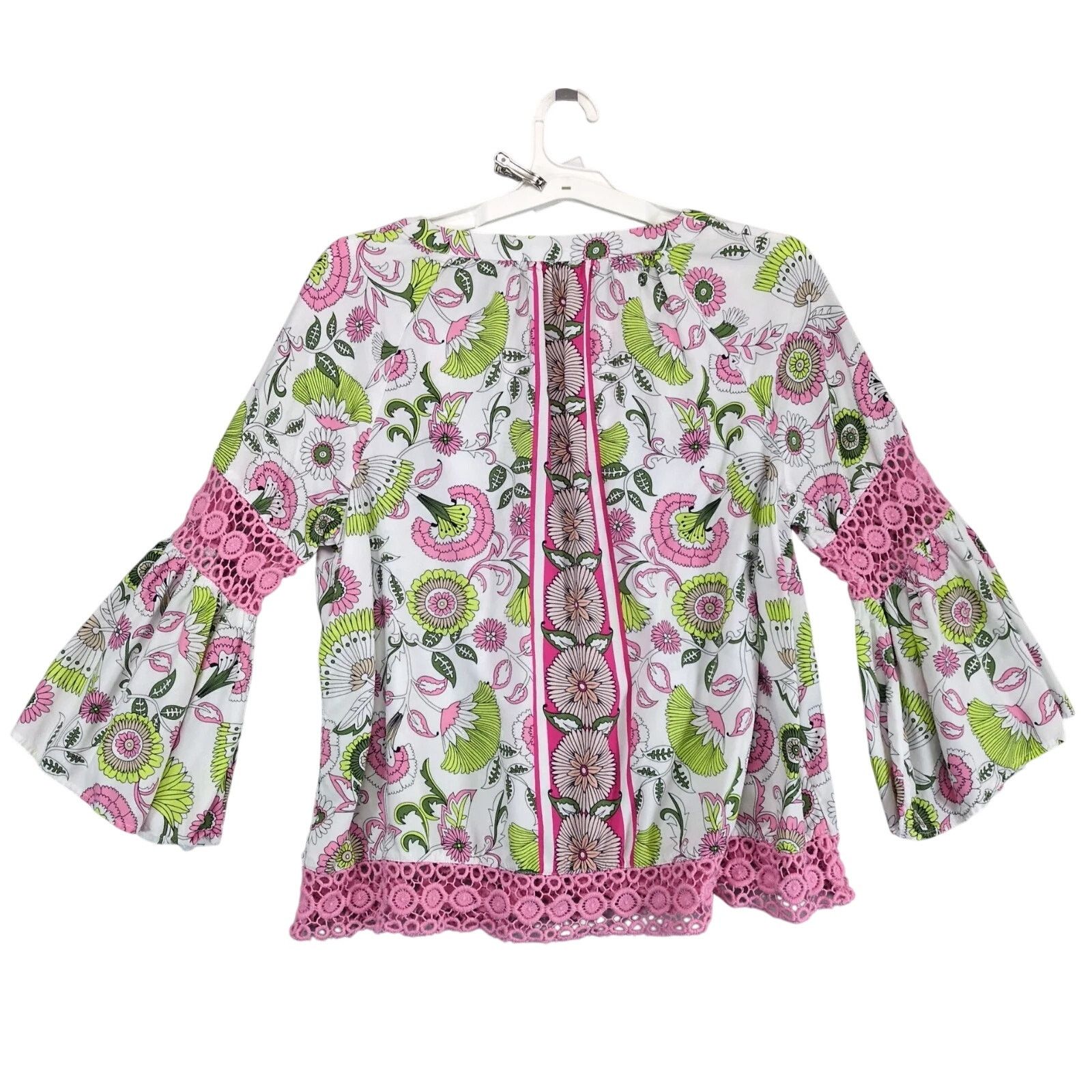 Other Crown & Ivy Pink Floral Print Crochet Bell Sleeve Blouse XL Size XL / US 12-14 / IT 48-50 - 2 Thumbnail