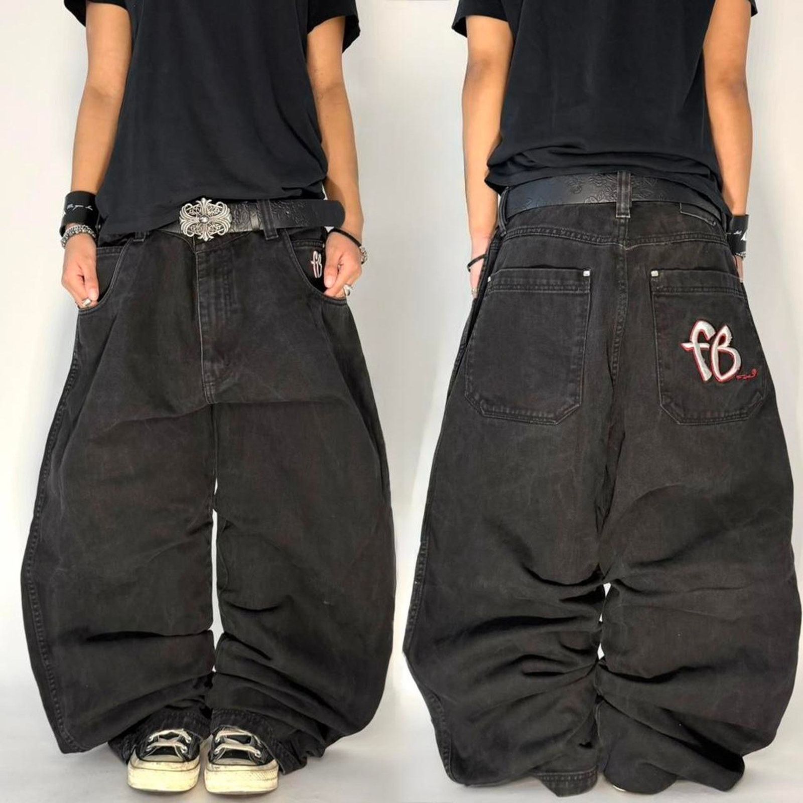 Vintage y2k ultra baggy wide leg fubu black embroidered jean