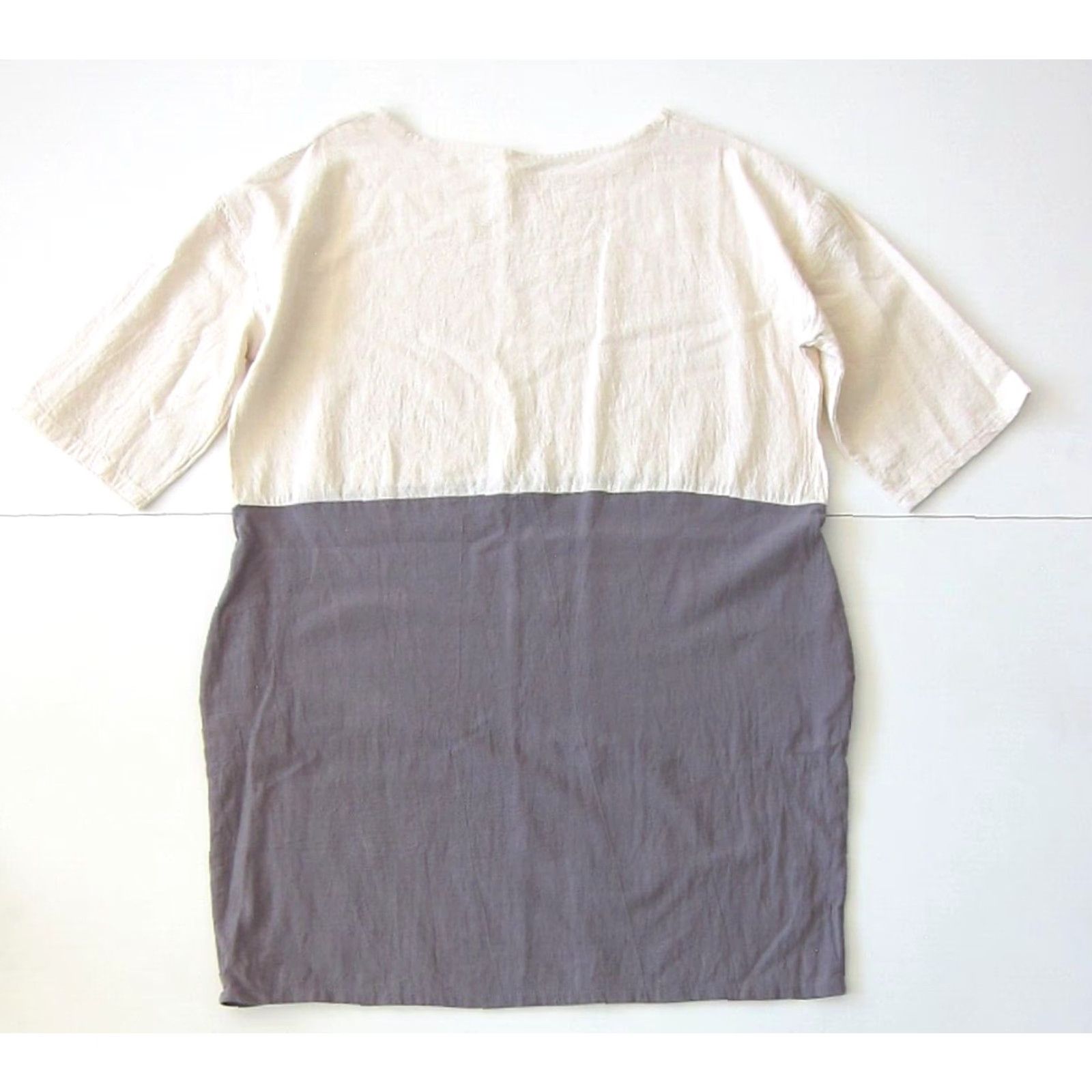 Vintage 100% Cotton Ivory Grey Lagenlook Short Sleeve Pocket Tunic Sheath Dress Large Size 36" / US 14 / IT 50 - 2 Thumbnail