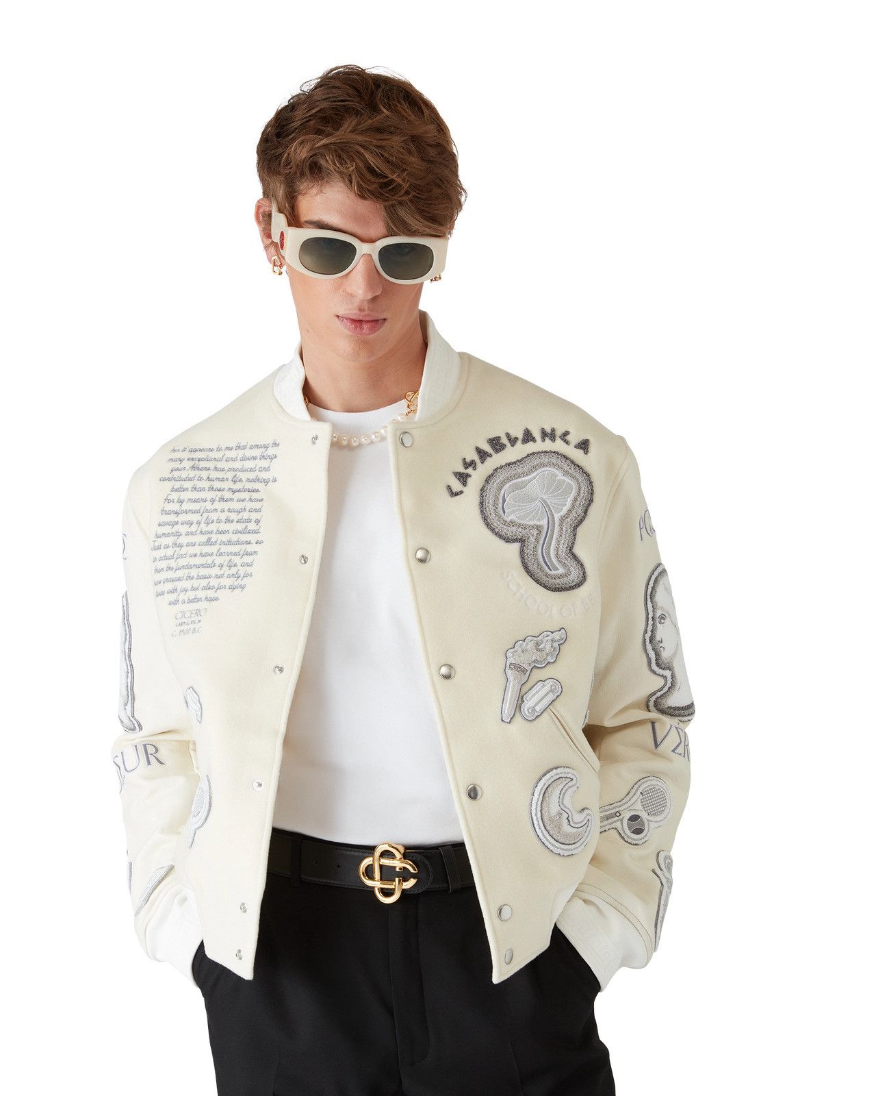 Casablanca os11x0725 Chenille Patchwork Bomber Jacket in Ivory Size US XL / EU 56 / 4 - 3 Thumbnail