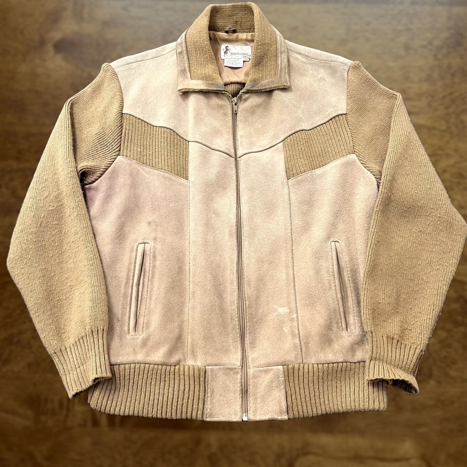 Vintage VINTAGE Bronzini Leather Knit Jacket Mens Large Tan Suede Zip Bomber 80s 90s Size US L / EU 52-54 / 3 - 1 Thumbnail