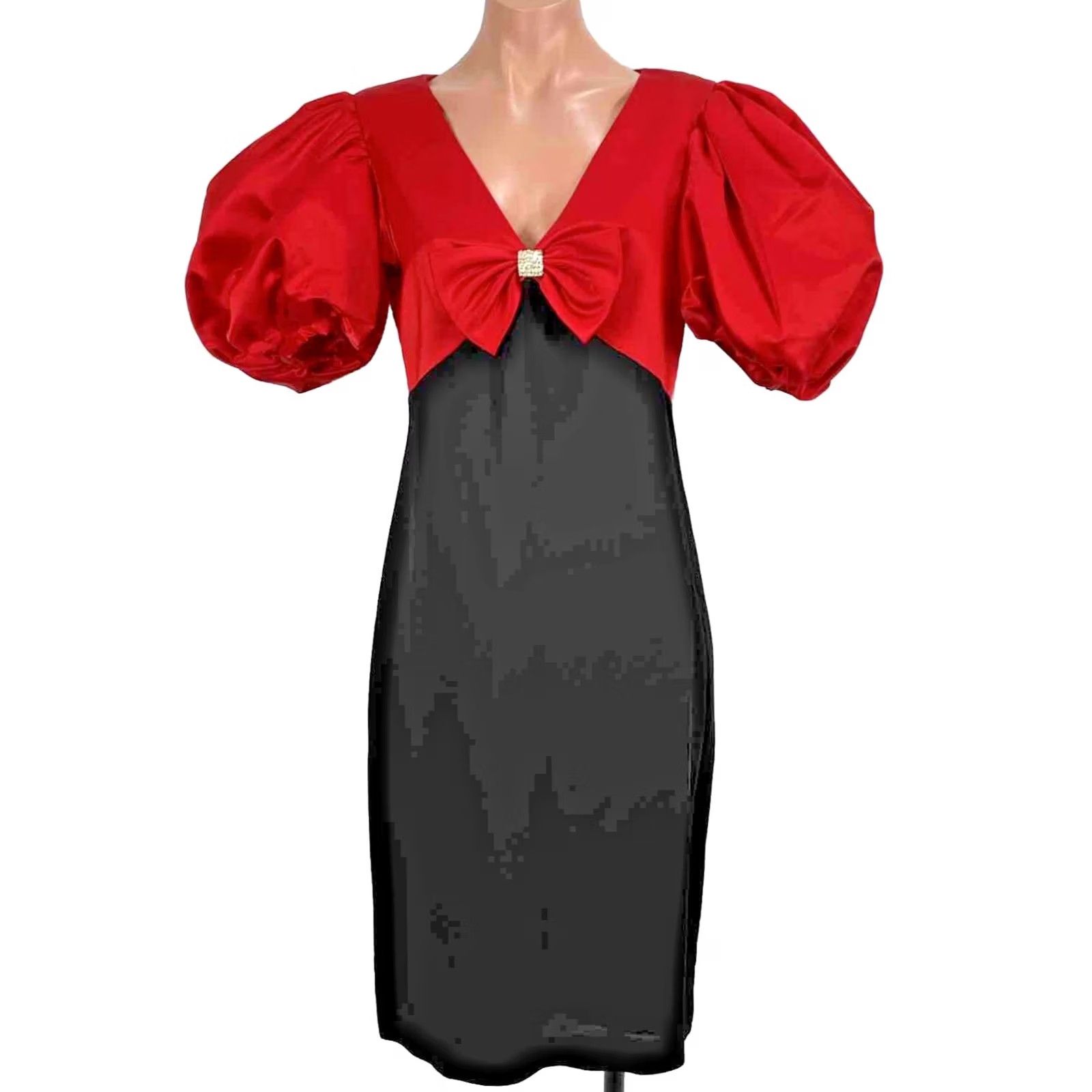 Vintage VINTAGE Cattiva Prom Dress Ball Gown Satin Red Black Puffy Sleeve 1980s 8 Womens Size M / US 6-8 / IT 42-44 - 2 Thumbnail