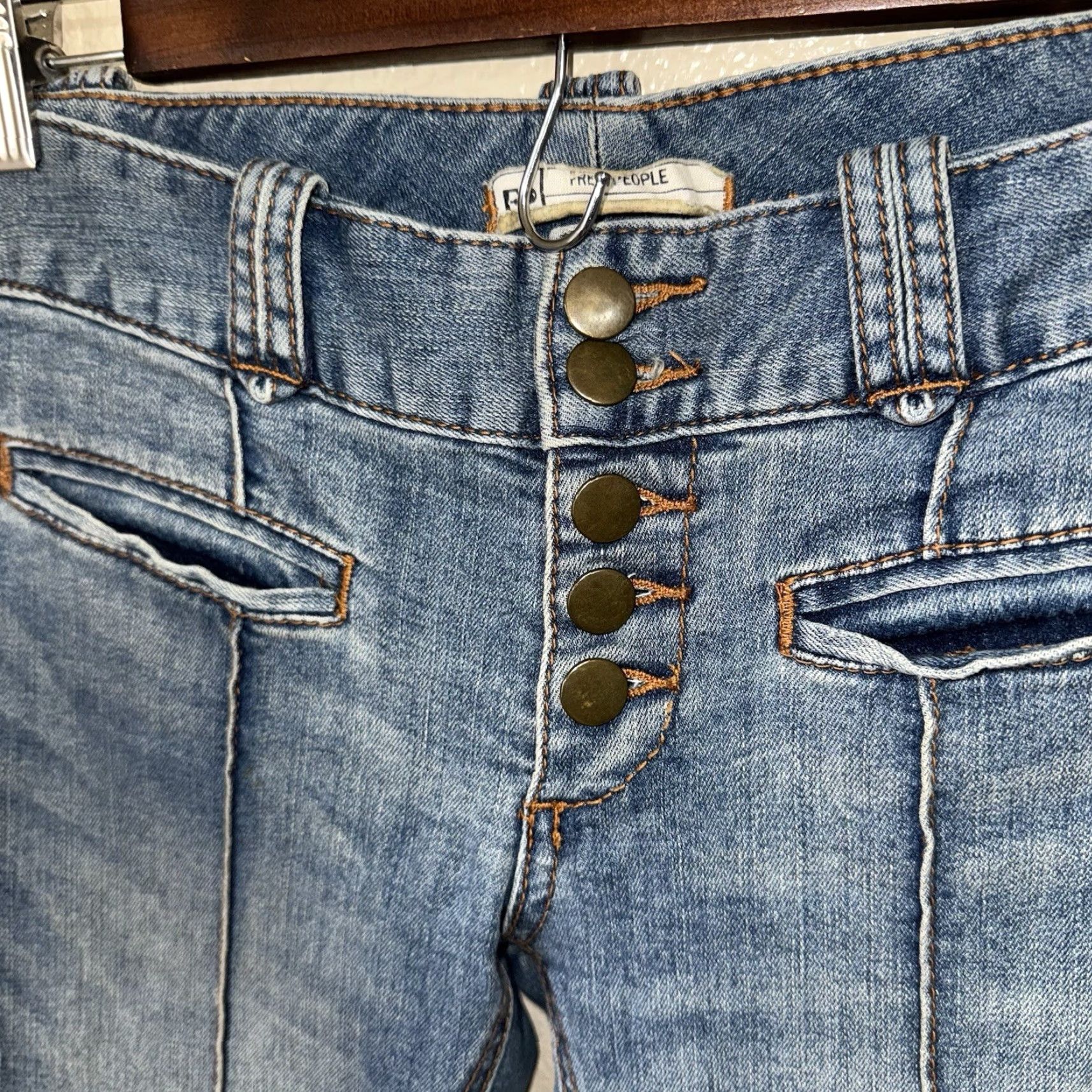 VINTAGE Free People Women's Jeans Flare 26 Blue Bell Bottoms Cuffed Wide-Leg Retro Bohemian