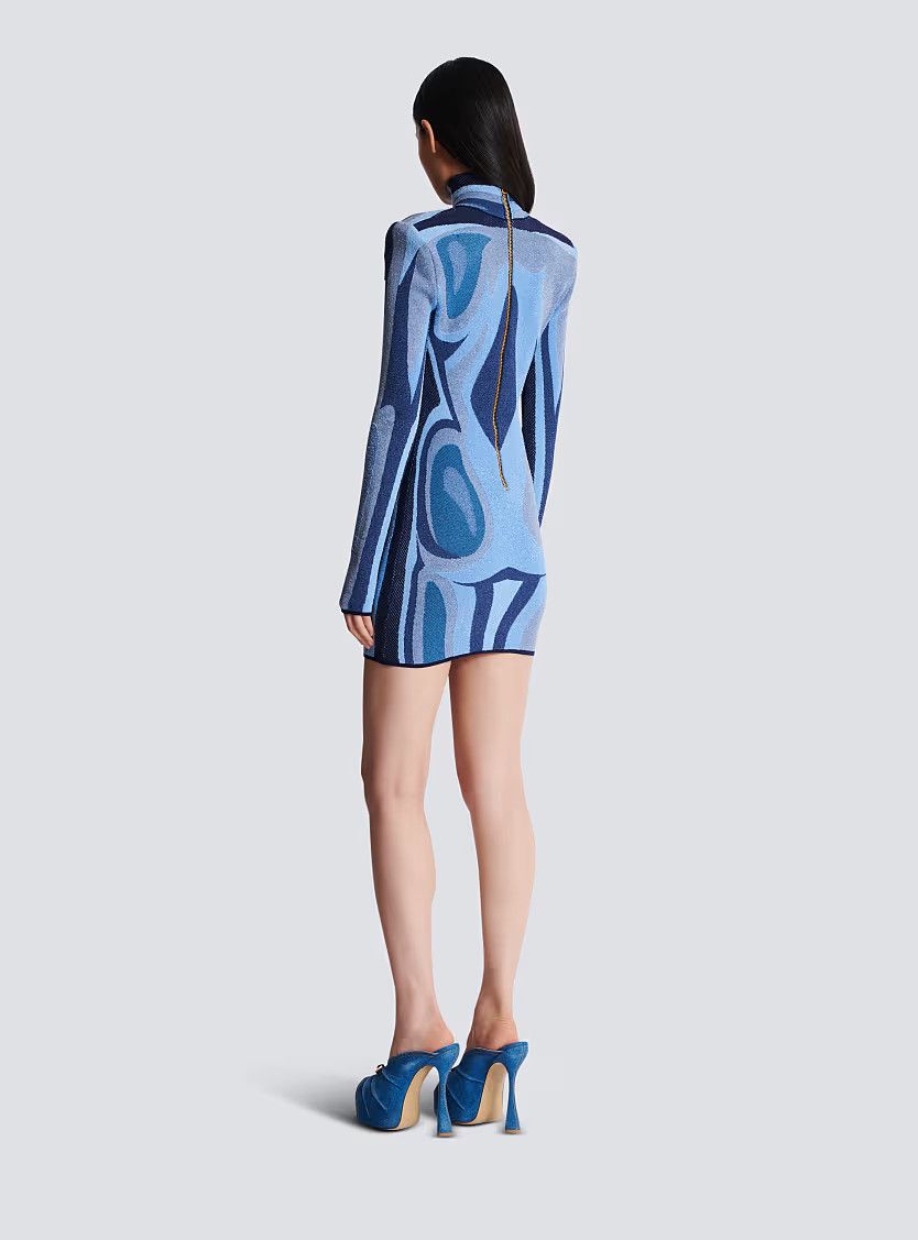 Balmain o1s1wg111225 Jacquard Knit Dress With Body Motif in Blue Size M / US 6-8 / IT 42-44 - 6 Thumbnail