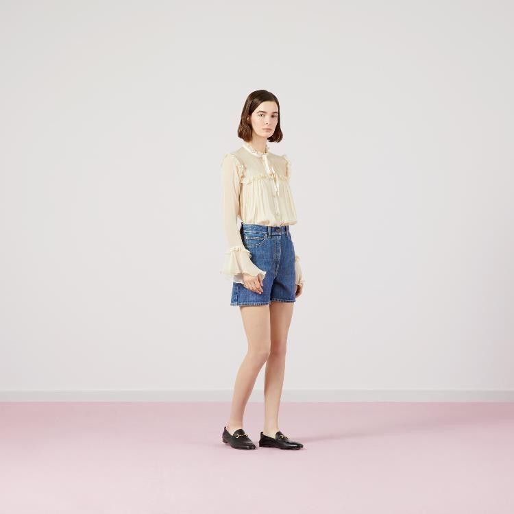 Gucci o1la5ras0526 Denim Shorts With Horsebit Details in Blue Size 23" - 2 Thumbnail