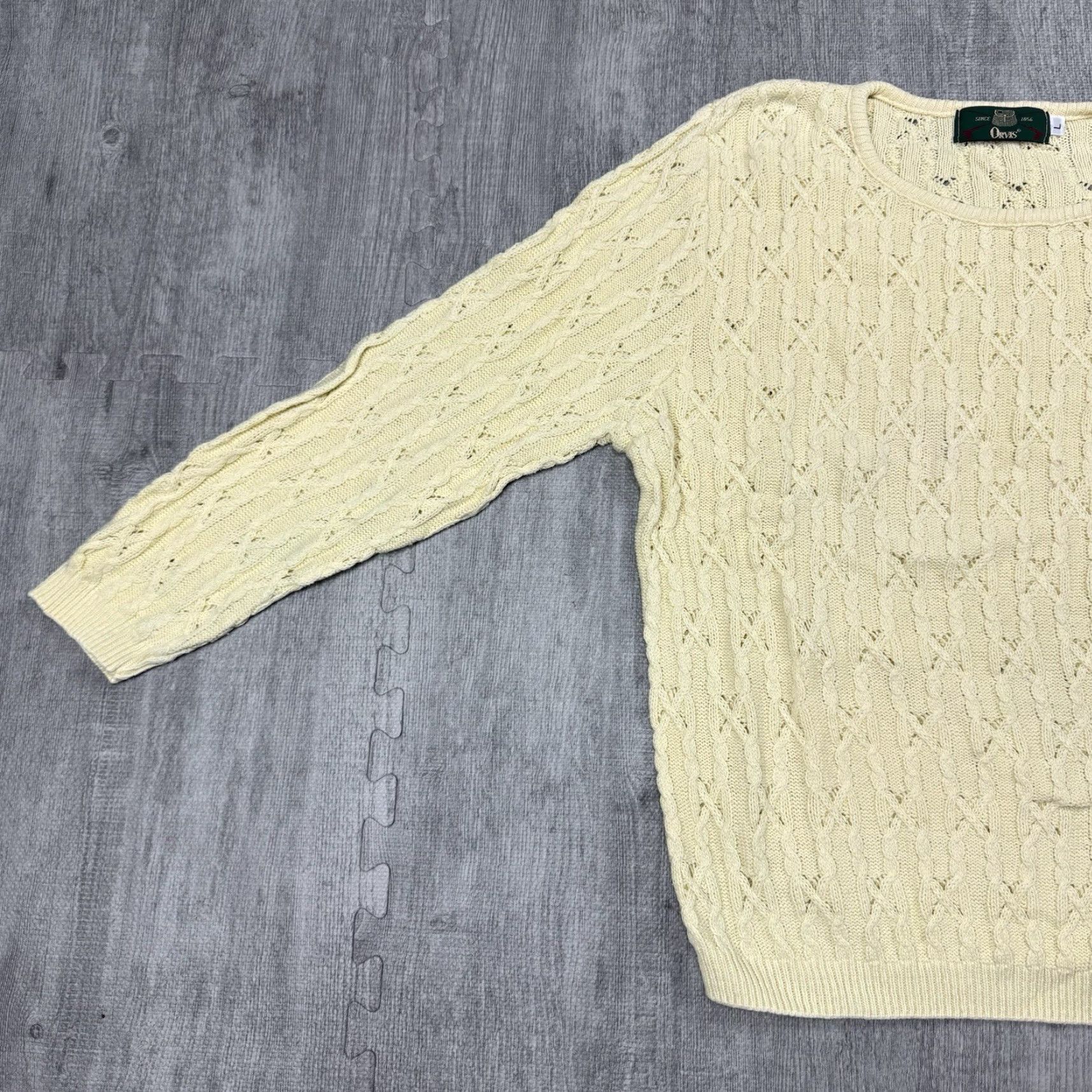 Orvis VINTAGE 90s Orvis Women's Cable Knit Pullover Sweater Size L Butter Yellow Long Sleeve Regular Fit Size L / US 10 / IT 46 - 6 Thumbnail