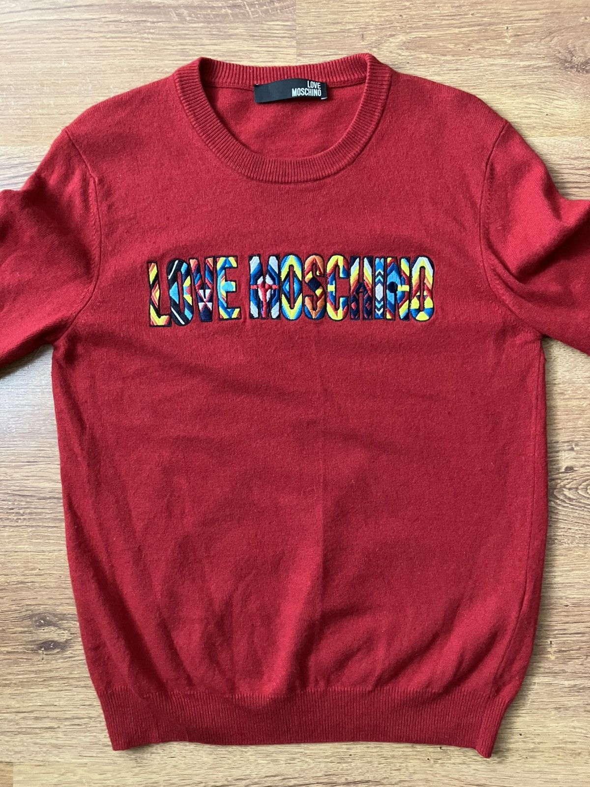 Love Moschino × Vintage Red Wool Vintage Love Moschino Sweater Jumper FrontLogo Silk Size M / US 6-8 / IT 42-44 - 3 Thumbnail