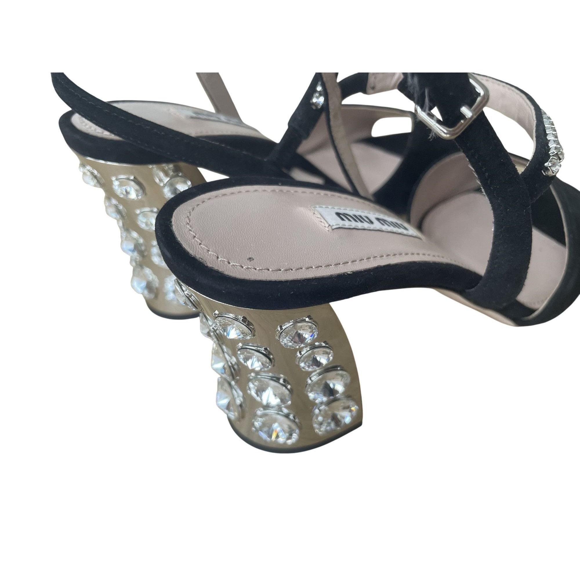 Miu Miu Miu Miu Black Suede Heels With Rhinestone Detail & Crystal S Size US 7 / IT 37 - 3 Thumbnail