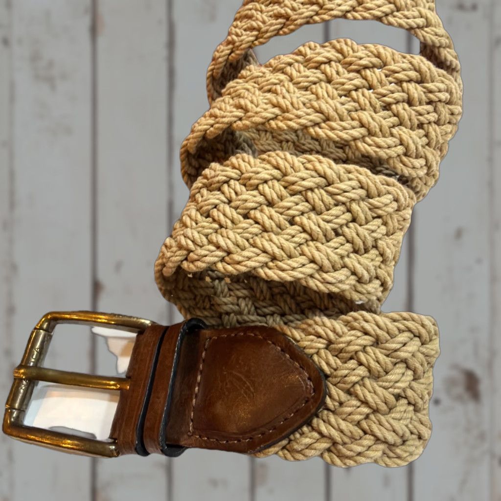 VINTAGE Nautica Braided Belt Brown Leather Ends 1.5” Wide Sz 38 Men Fabric Canvas Boho Preppy Casual Nautical Classic 90s Buckle Adjustable
