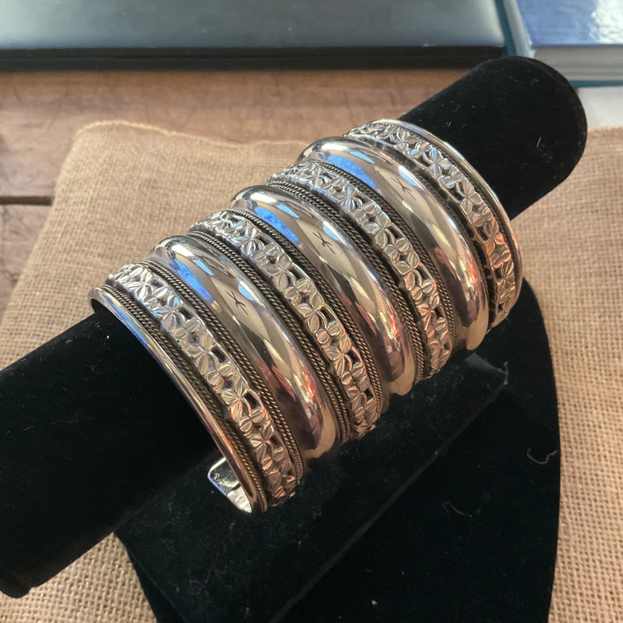 Other Wide Silver Cuff Bracelet With Intricate Floral Pattern Desi Size ONE SIZE - 5 Thumbnail
