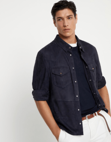 Brunello Cucinelli Leather Shirt in Dark Blue Size US S / EU 44-46 / 1 - 3 Thumbnail