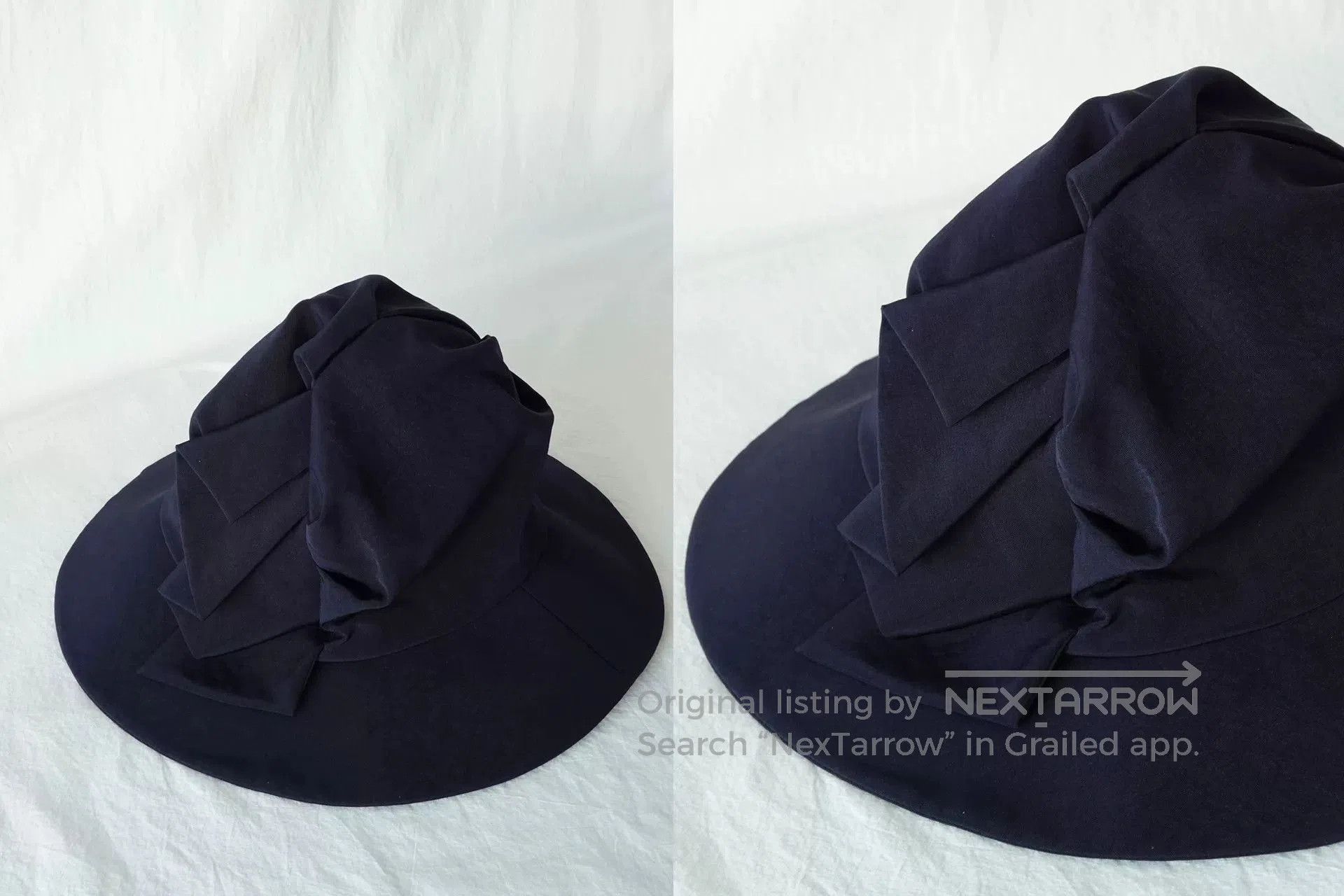 Y's Elegant Navy Pleated Wide Brim Hat. Size ONE SIZE - 5 Thumbnail
