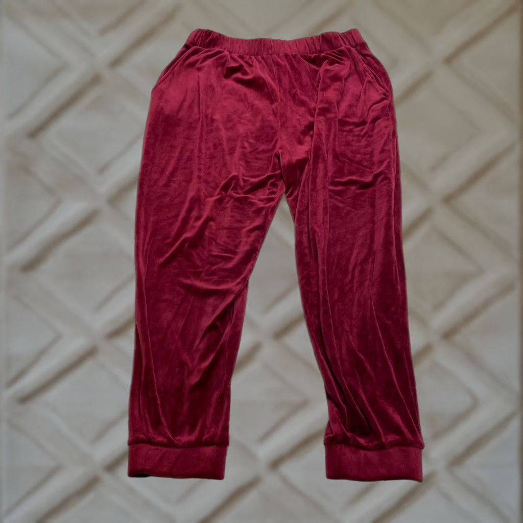 Velvet Suzette Red Velvet Jogger Sweatpants Womens XL Pockets Stretch Elastic 32x24 Tapered Regular Inseam 24 in Color Red Size 40" / US 18 - 1 Thumbnail