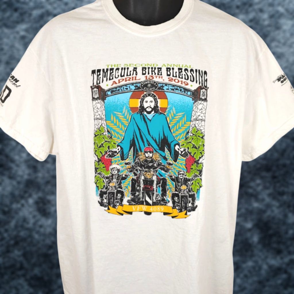 Gildan VINTAGE Biker T Shirt Mens XL White 2019 Temecula Bike Blessing Jesus Christ VFW Factory Gildan Size US XL / EU 56 / 4 - 1 Thumbnail