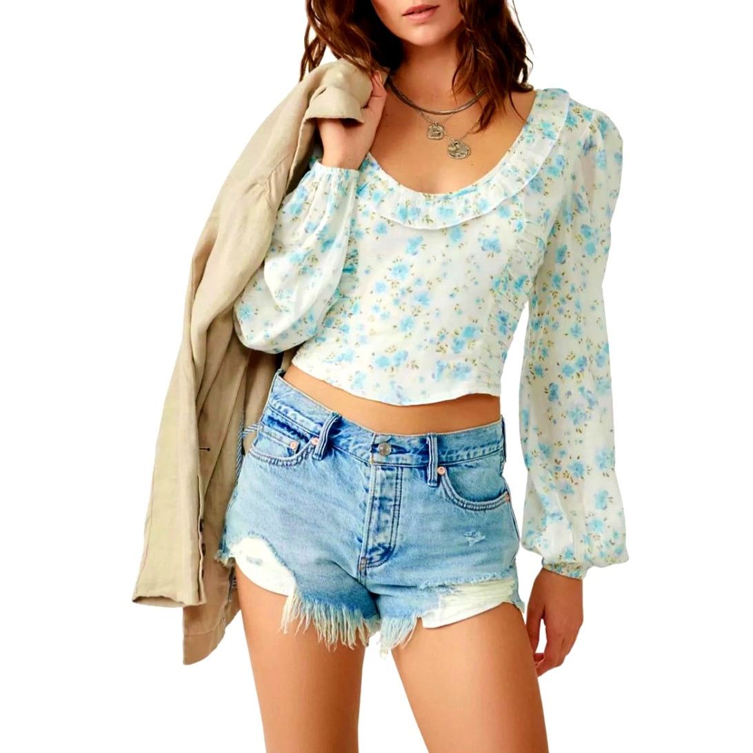 Free People Free People Another Life Top White Combo Blue Floral Print L Size L / US 10 / IT 46 - 4 Thumbnail