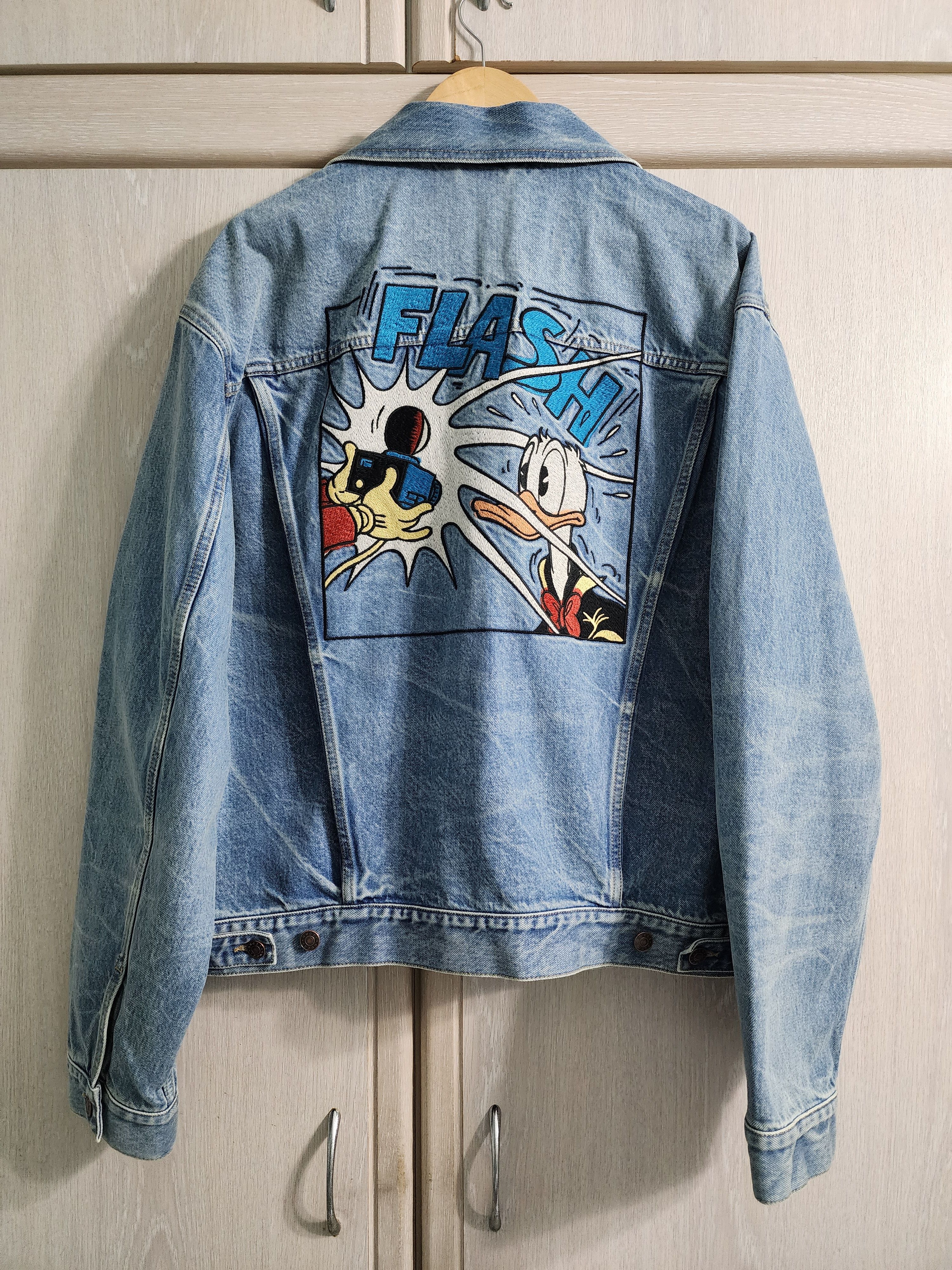 image of Disney x Gucci Donald Duck Embroidered Denim Jacket Size 56 in Light Blue, Men's