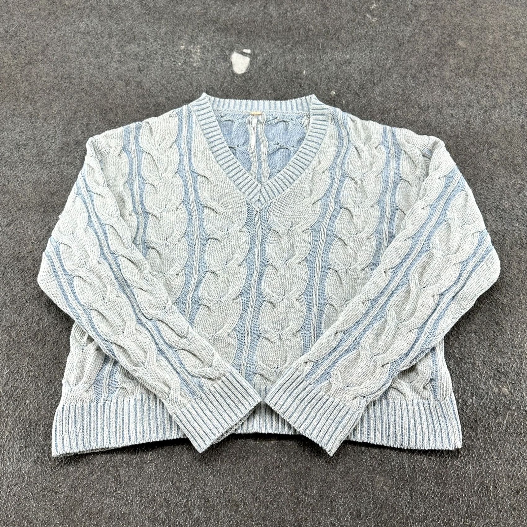 Free People Free People Sweater Shirt Womens Small Blue V-Neck Cable-Knit Pullover Wool Cotton Acrylic Washed 90s Vintage No Size S / US 4 / IT 40 - 2 Thumbnail