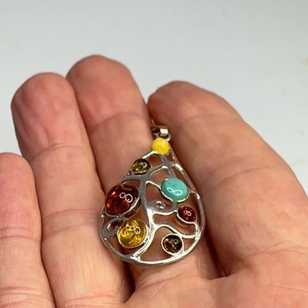 Other Teardrop Sterling Silver Pendant W/ Multi-Color Amber Stones Size ONE SIZE - 11 Thumbnail