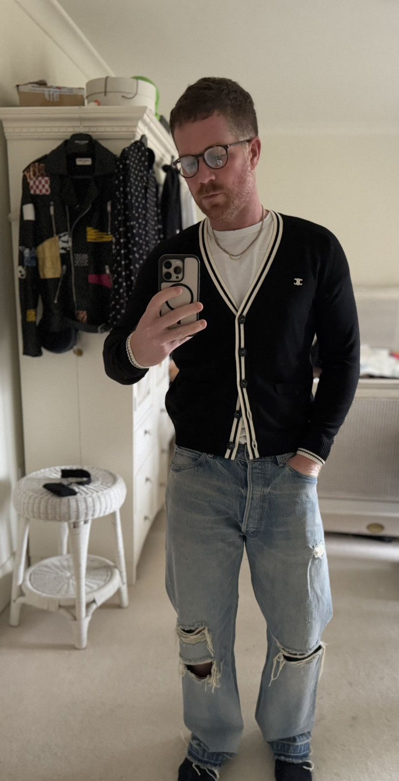 Rare Celine Triomphe logo cardigan black white M Hedi