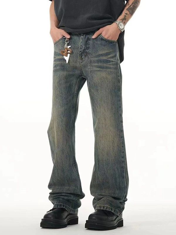 Jean Men's straight loose flared washed distressed blue jeans Size US 32 / EU 48 - 1 Thumbnail