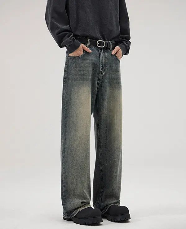 Japanese Brand Kubo Men's washed distressed loose wide-leg baggy jeans Size US 32 / EU 48 - 4 Thumbnail