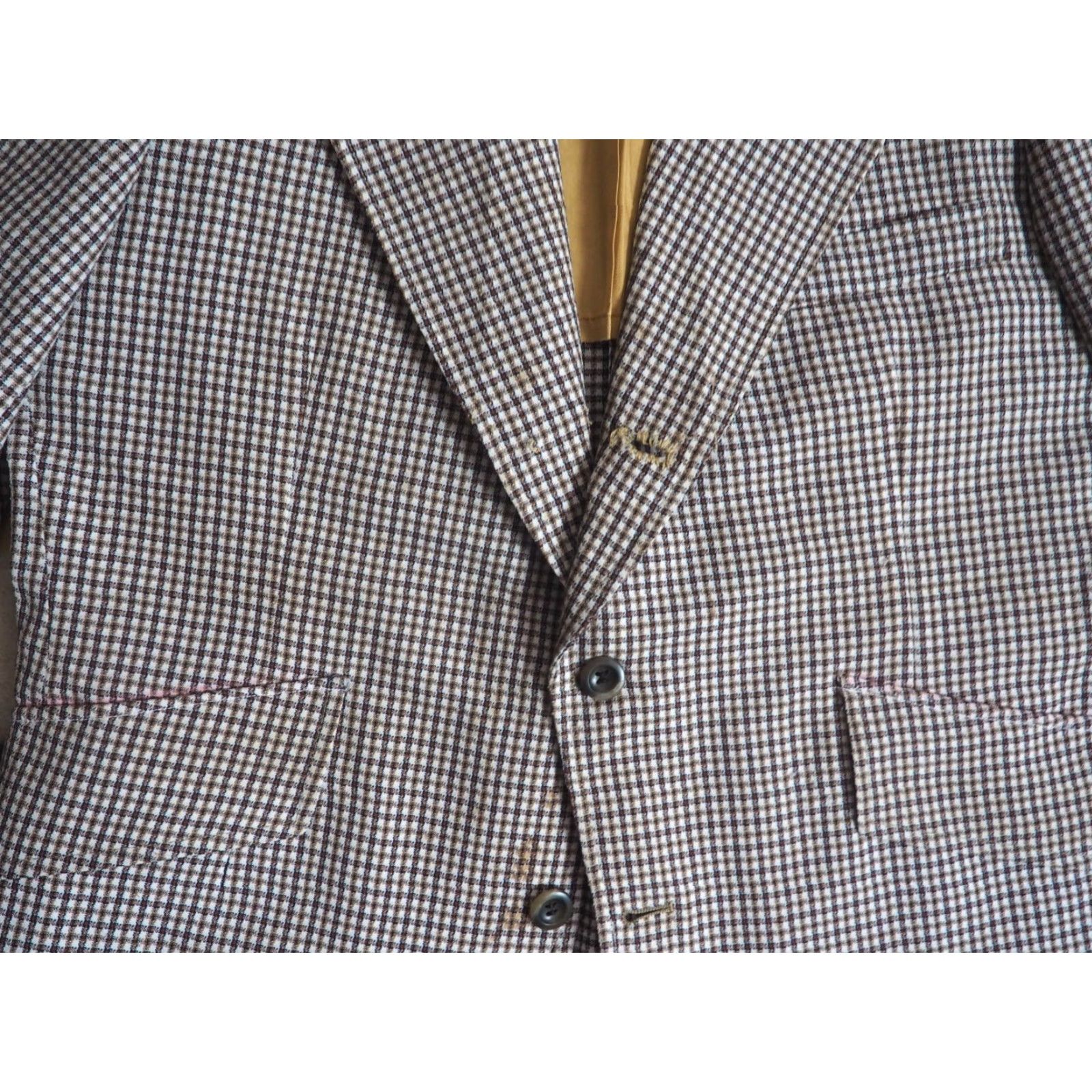 Vintage VINTAGE Johnny Carson Blazer Jacket Gingham 3 Button Brown White 60s 70s Polyester 42 Mens Size 42R - 5 Thumbnail
