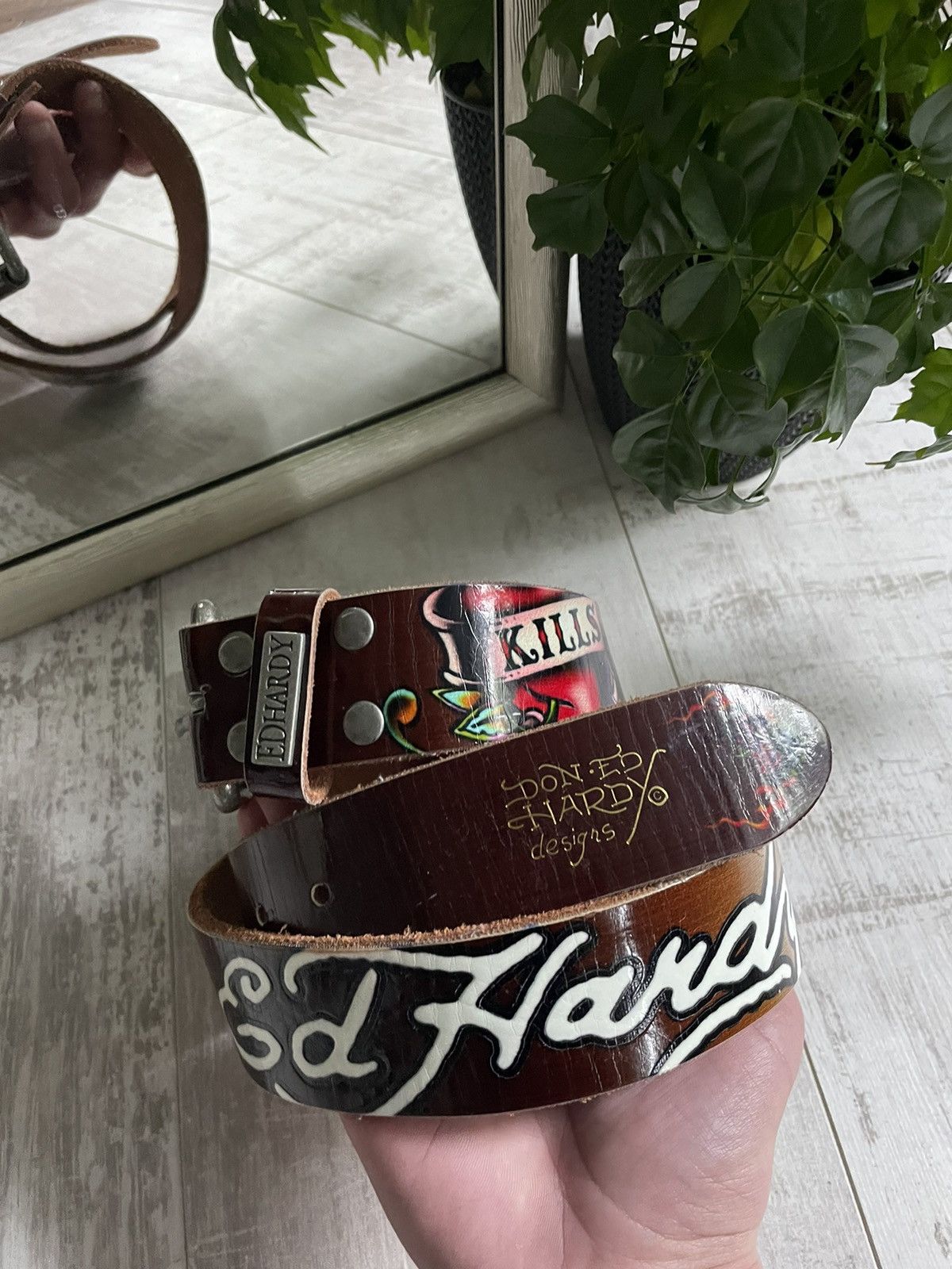 Christian Audigier × Ed Hardy Vintage Ed Hardy Brown Belt Skull Japan Style RARE Size 30 - 4 Thumbnail