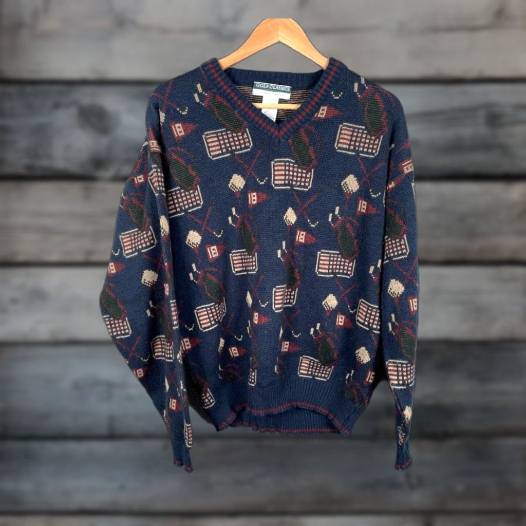 Vintage VINTAGE MunsingWear Golf Sweater Mens Large Dark Blue V-Neck Preppy AOP Retro 90s Shirt Size US L / EU 52-54 / 3 - 1 Thumbnail