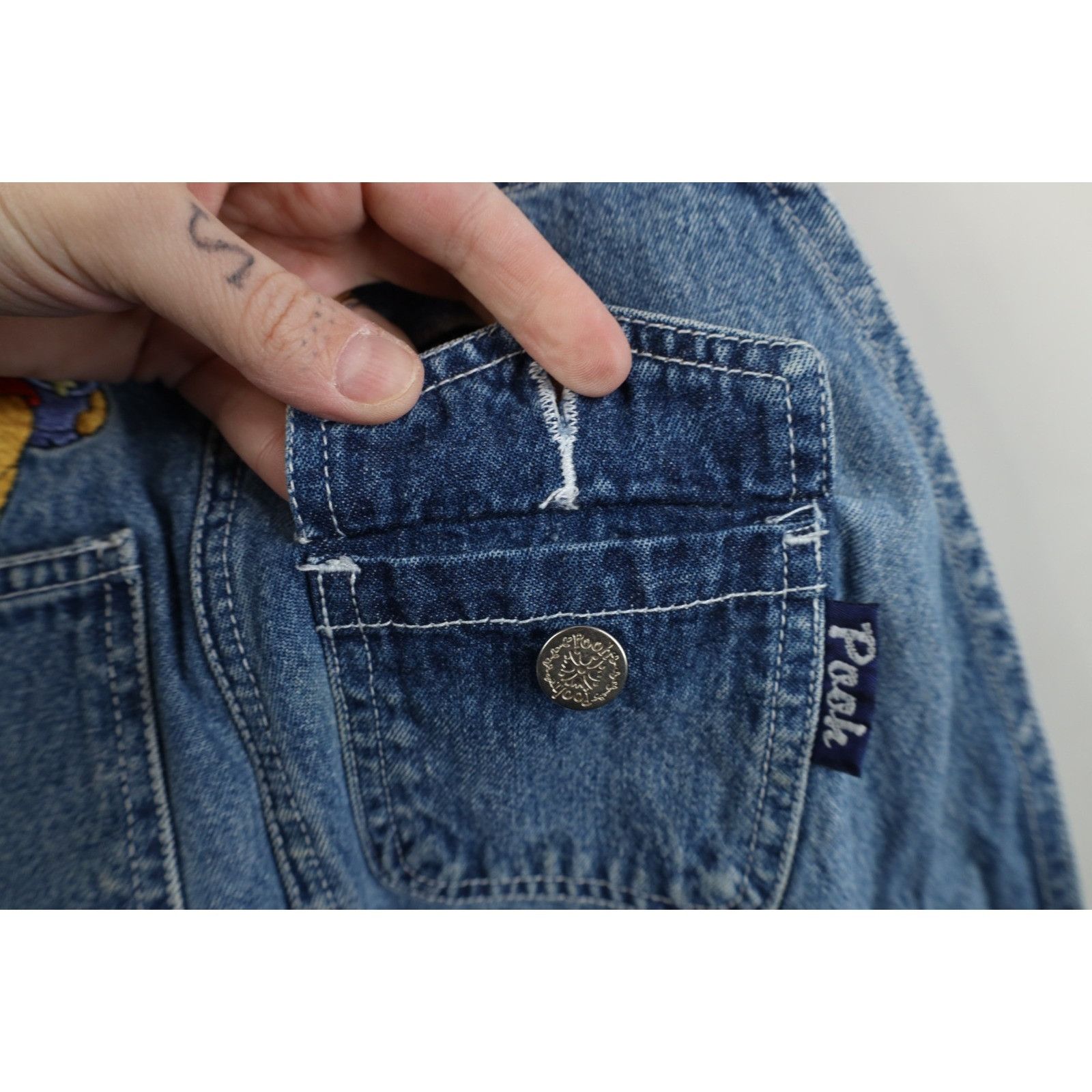 Disney Vintage 90s Disney Winnie the Pooh Denim Jean Shortalls Size 34" / US 12 / IT 48 - 9 Thumbnail