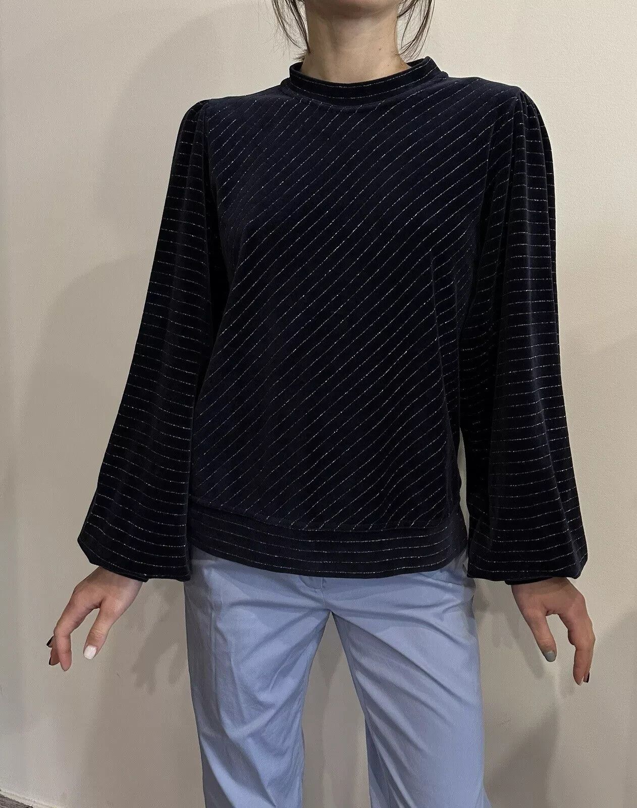 Ganni GANNI Velvet Sequins Pinstriped Metallic Top Longsleeve Size XS / US 0-2 / IT 36-38 - 1 Thumbnail